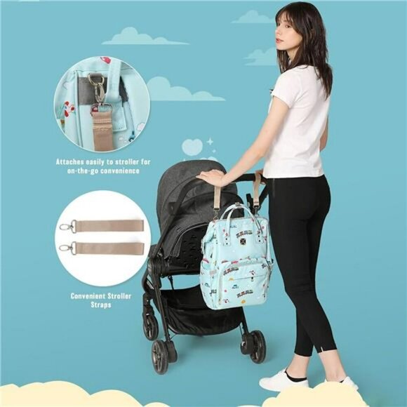 Diaper Bag Backpack Large Waterproof Baby Bag USB Stroller Straps Travel Blue - Picture 6 of 7